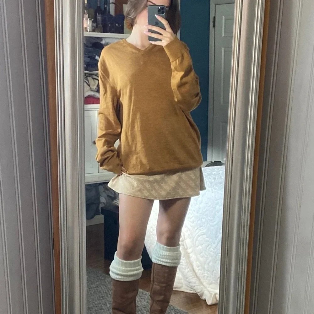 Calvin Klein 2XL Extra Fine Merino Wool Caramel Brown Preppy Minimalist Sweater